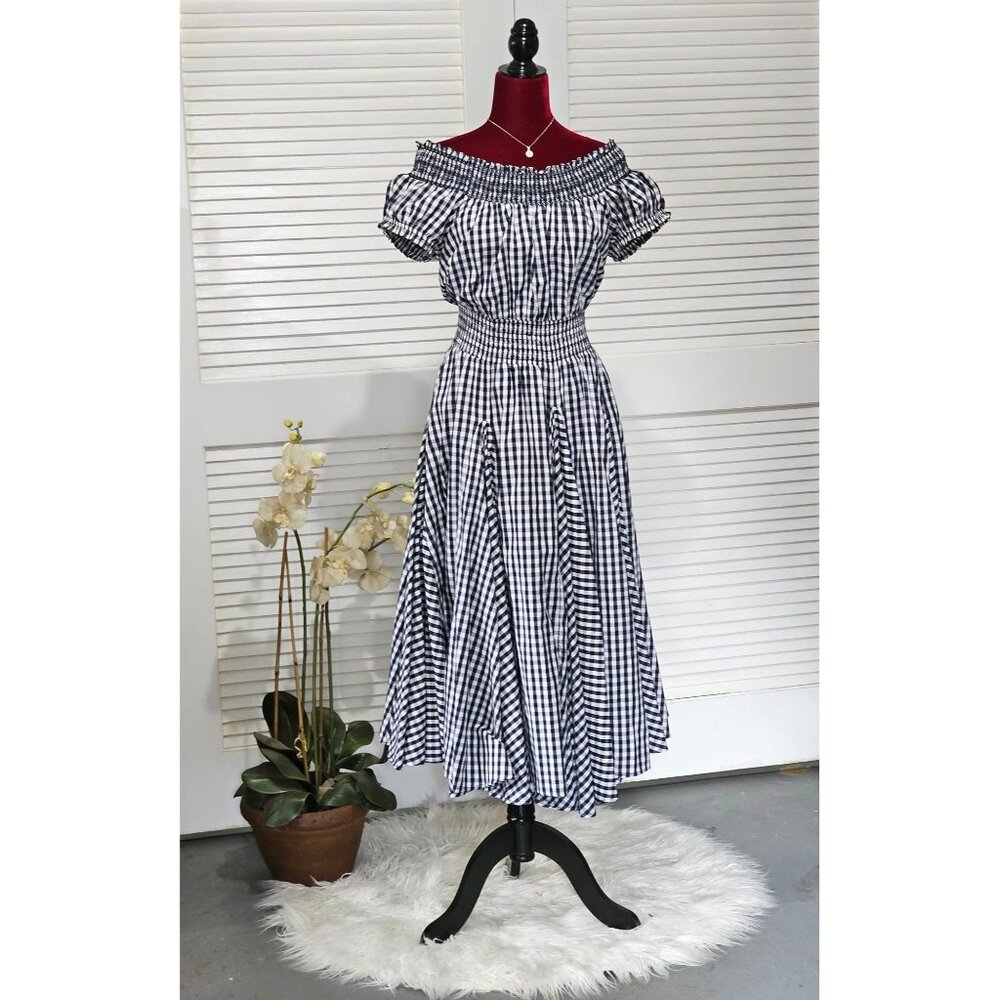 Chelsea & Theodore Women's Blue & White Gingham Off-Shoulder Dress Size M 088